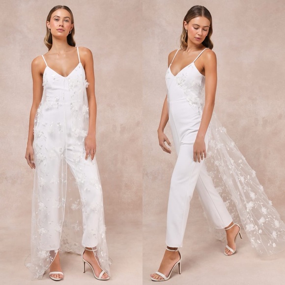 Lulus Pants - Lulus Extreme Elegance White Mesh Floral Embroidered Cape Jumpsuit